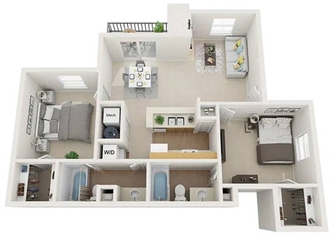 Floor plan for 2 beds, 2 baths, 967 sqft